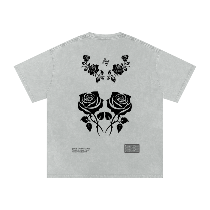 Thorn Oversized Tee – Acid Wash with Rose Print