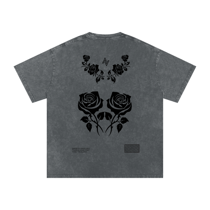 Thorn Oversized Tee – Acid Wash with Rose Print