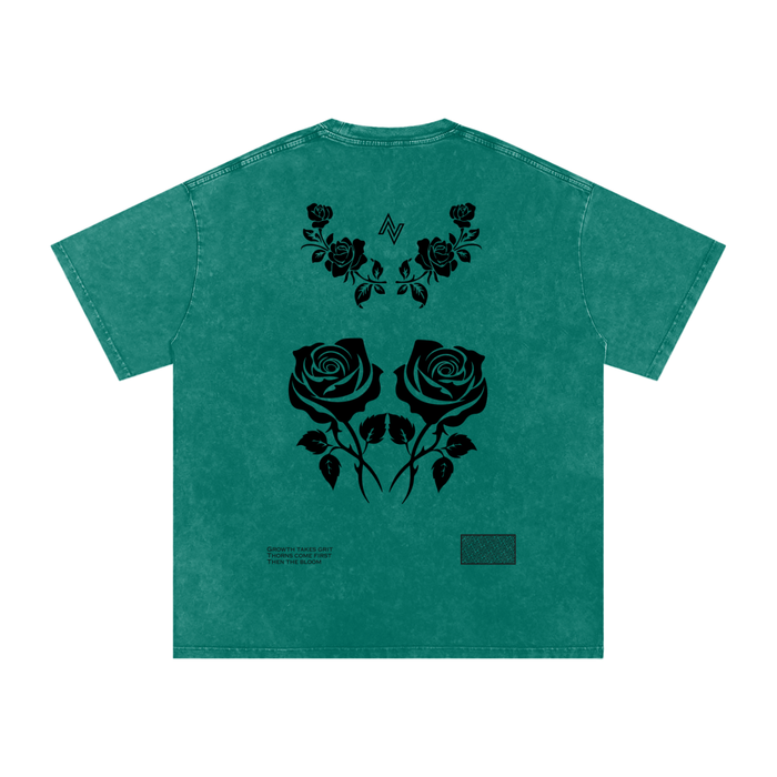 Thorn Oversized Tee – Acid Wash with Rose Print