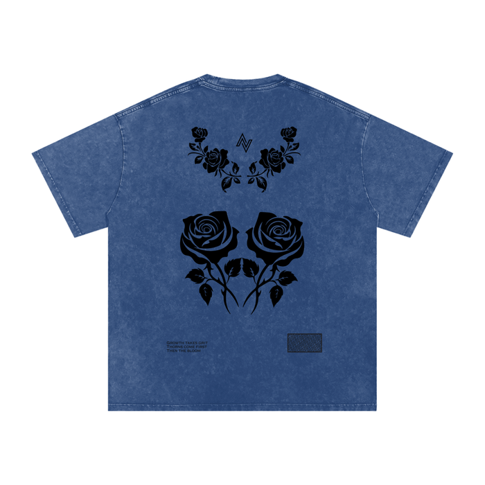 Thorn Oversized Tee – Acid Wash with Rose Print