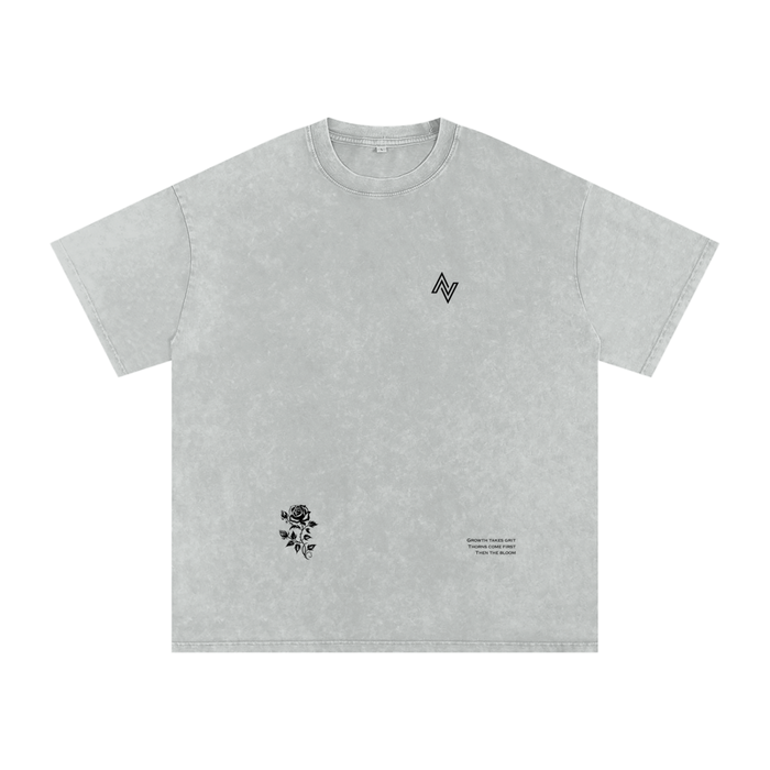 Thorn Oversized Tee – Acid Wash with Rose Print