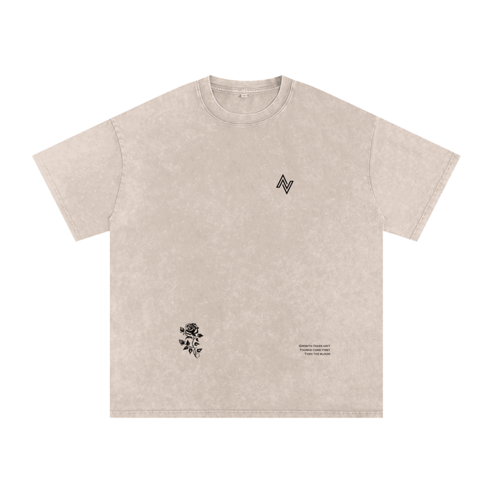 Thorn Oversized Tee – Acid Wash with Rose Print