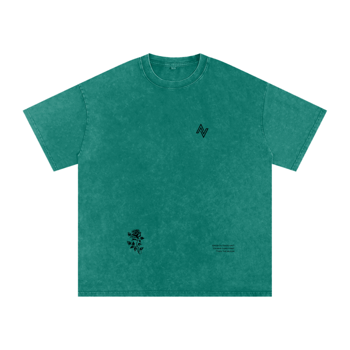 Thorn Oversized Tee – Acid Wash with Rose Print